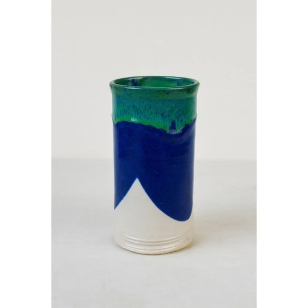 Schmidt Handmade Studio Pottery Vase Blue Green White Glazed‎ Ceramic Signed